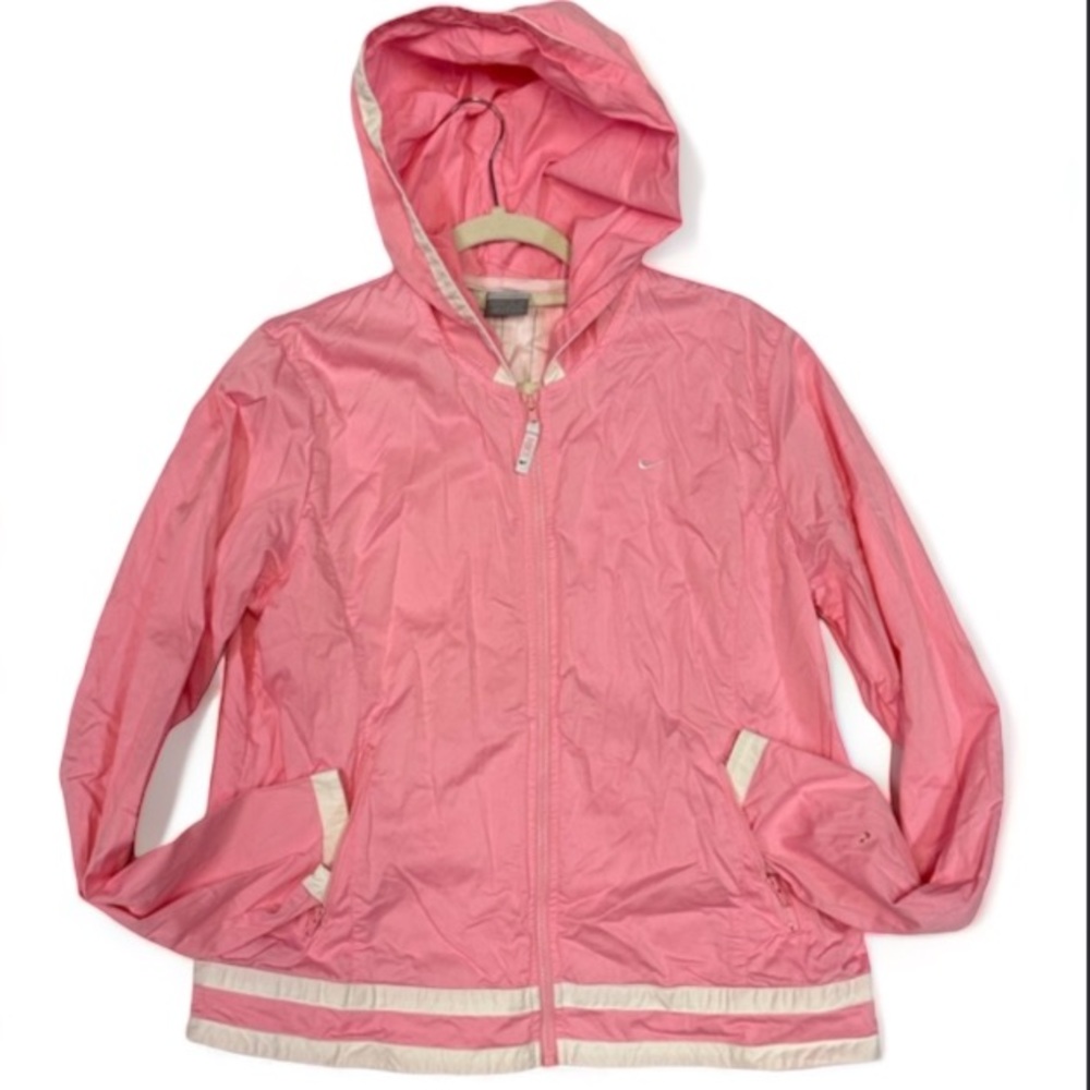 Nike Pink and White Activewear Zipper Wind Jacket With Hood | Pockets Size L GUC